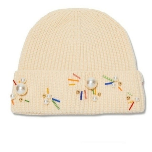 LELE SADOUGHI Confetti Knit Embellished Ivory Beanie Black Gold Label NWT